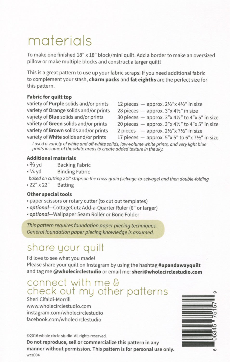 Up and Away Mini Quilt (FPP)- Designer: Whole Circle Studio