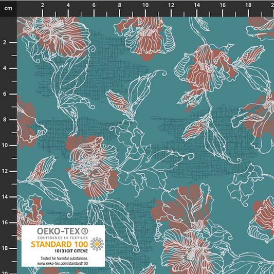 Biloba Wild Rose Dancing Floral Teal By Stoff Fabrics for Blank Quilting